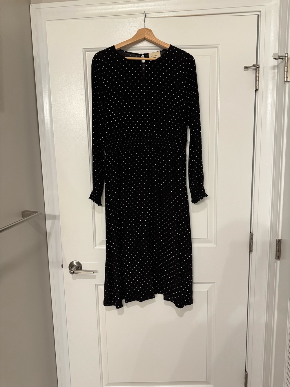 Sézane Black Midi Dress with White Polka Dots